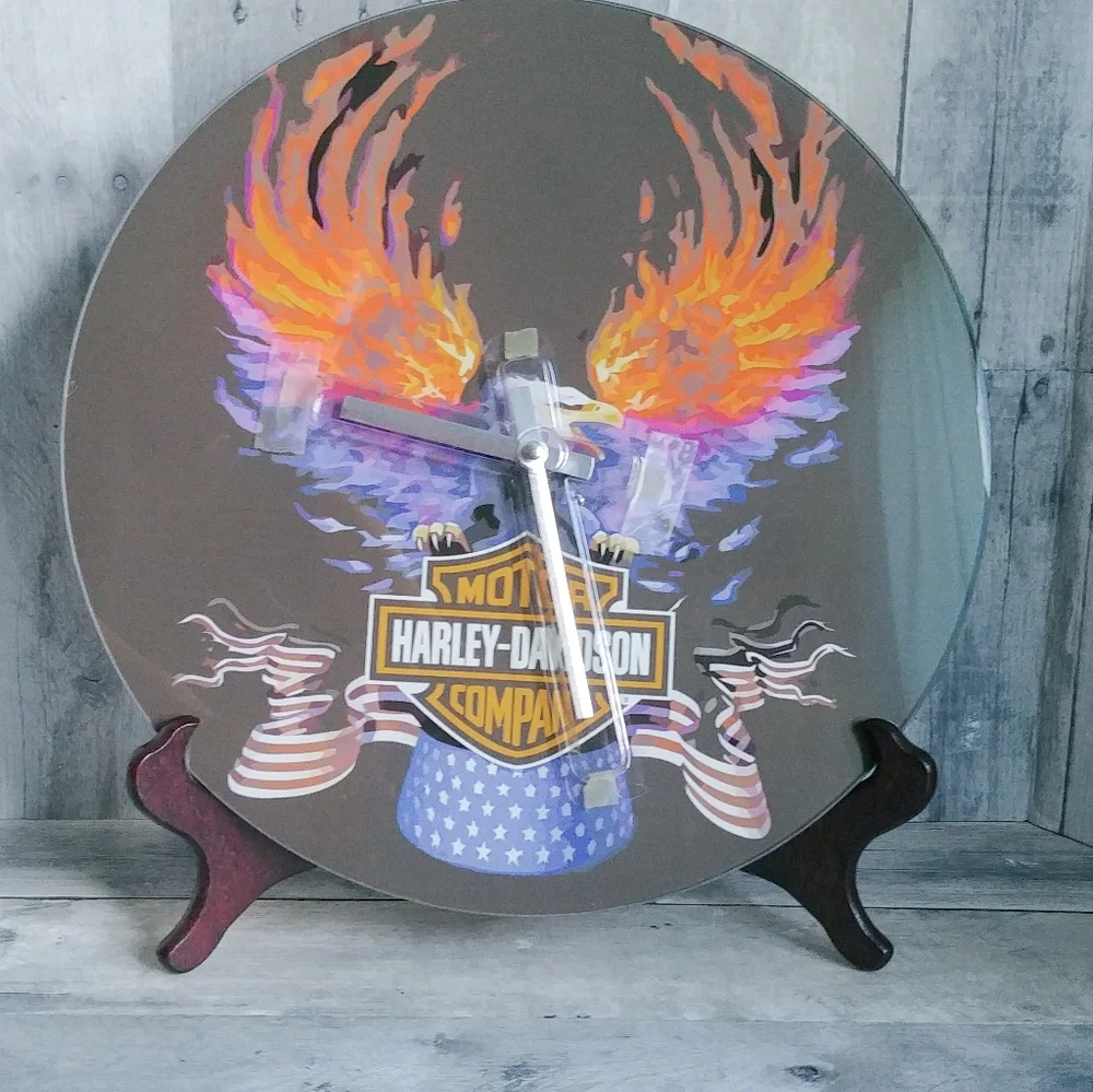 Harley Davidson Flaming Wings American Banner Glass Wall Clock VERY RARE